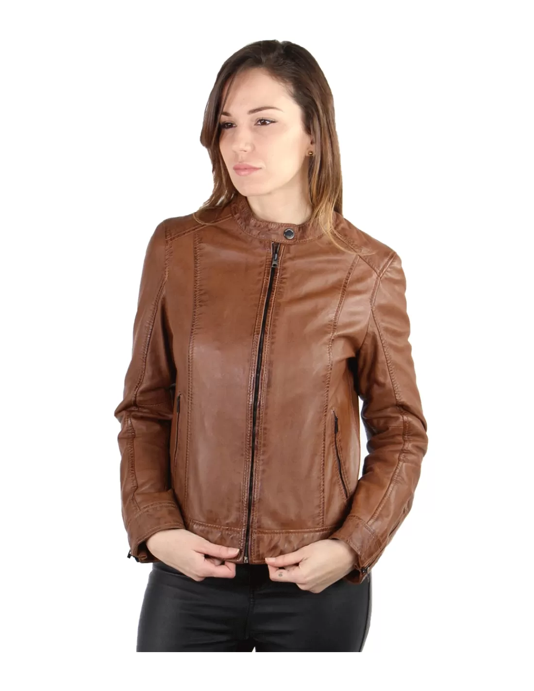 Fashion Blouson Diana en cuir ref_51182 Cognac Femme Blouson Cuir Femme