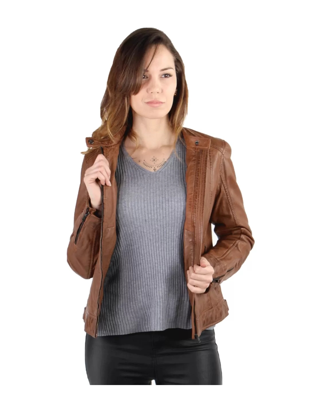 Fashion Blouson Diana en cuir ref_51182 Cognac Femme Blouson Cuir Femme