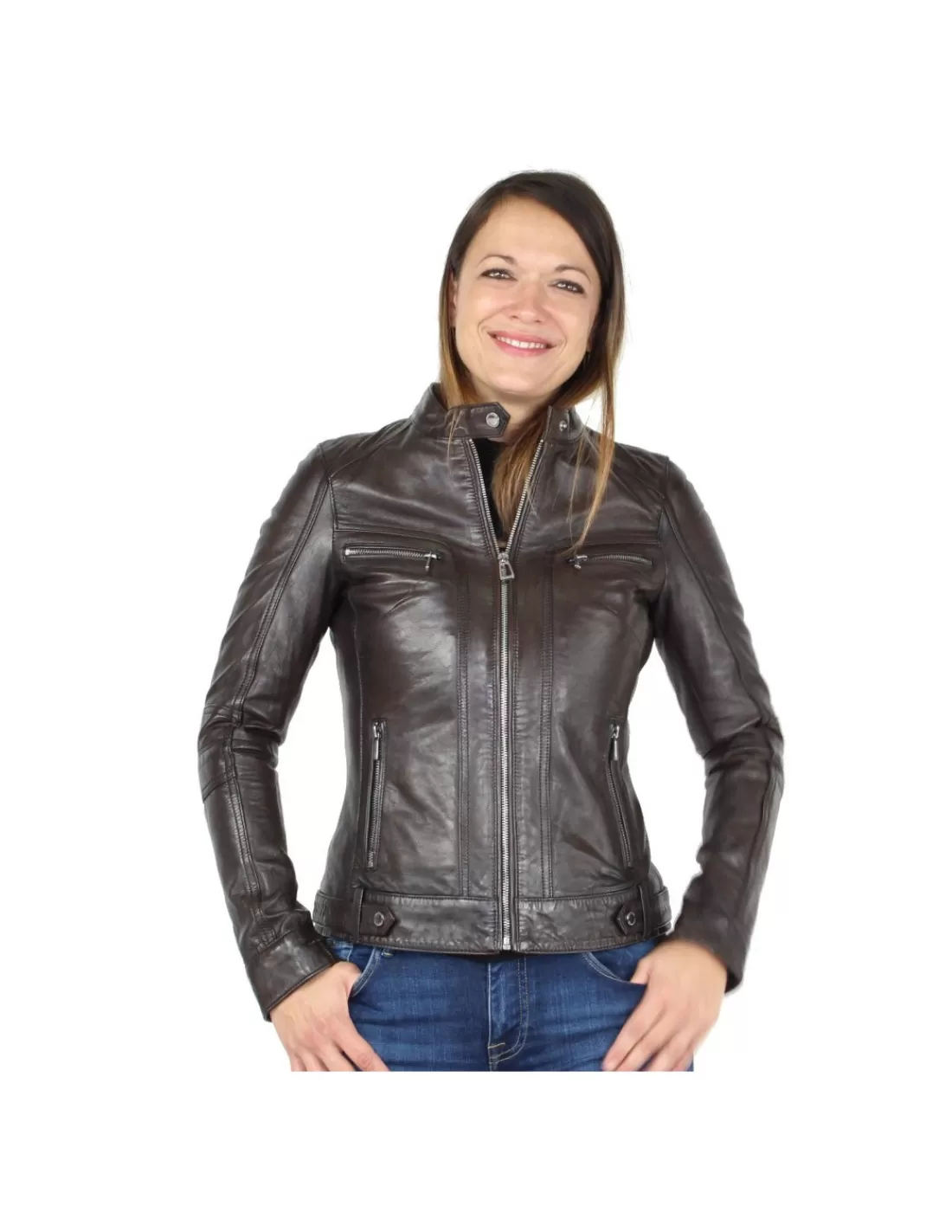 Online Blouson en cuir d'agneau ref_30996 Reddish Brown Femme Blouson Cuir Femme