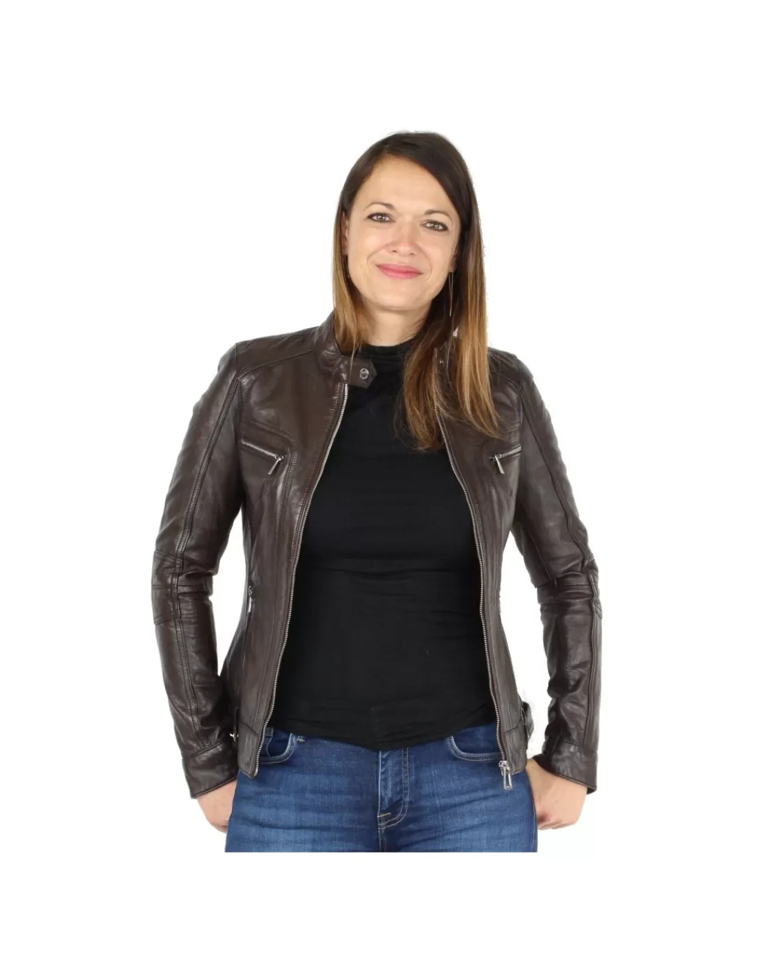 Online Blouson en cuir d'agneau ref_30996 Reddish Brown Femme Blouson Cuir Femme