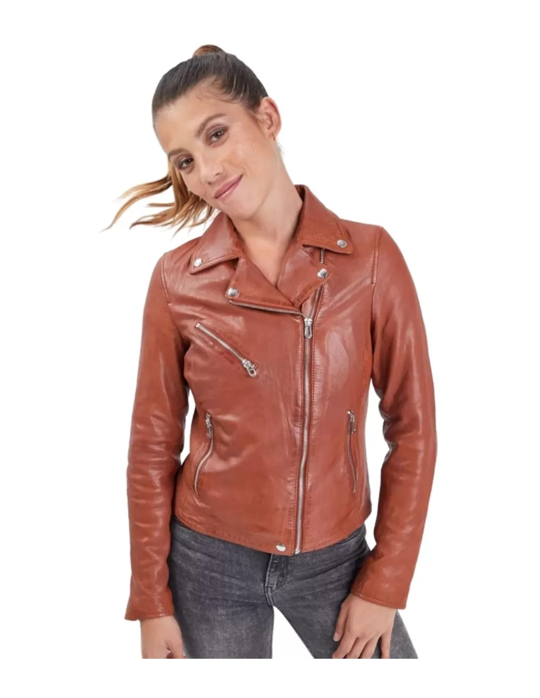 Hot Blouson en cuir femme Ref 54124 Cognac Femme Style Perfecto Femme