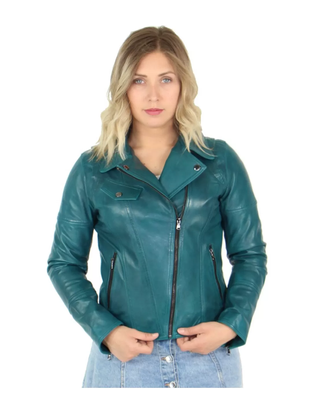 Best Sale Blouson en cuir LOVELY ref 48864 Emeraude Femme Style Perfecto Femme