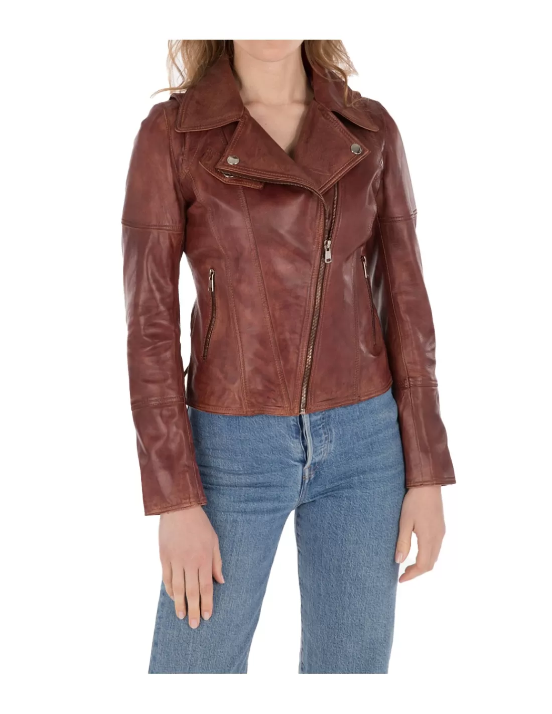 Hot Blouson en cuir Parisienne ref 52064 Cognac Femme Style Perfecto Femme