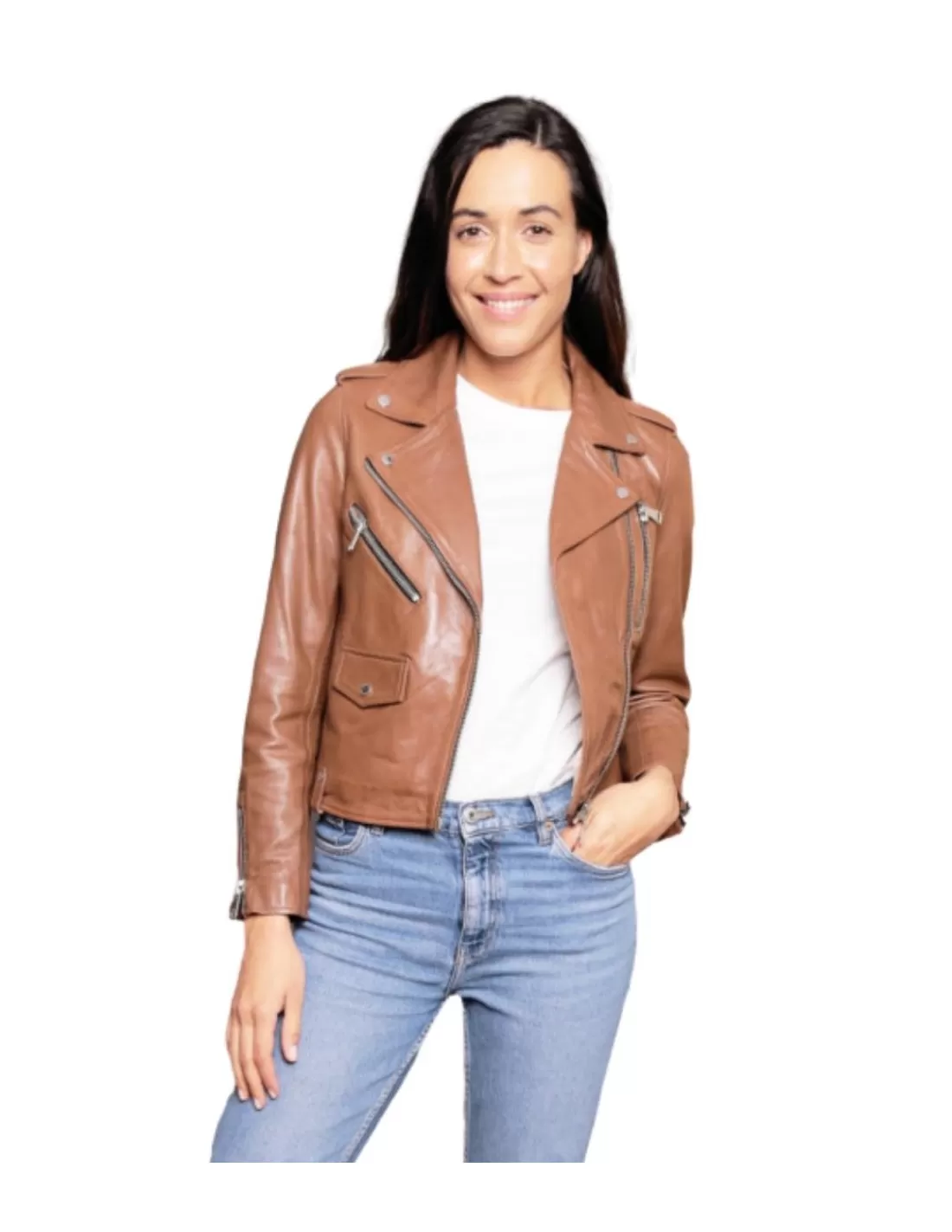 Clearance Blouson en cuir Ref 55800 cognac Femme Style Perfecto Femme