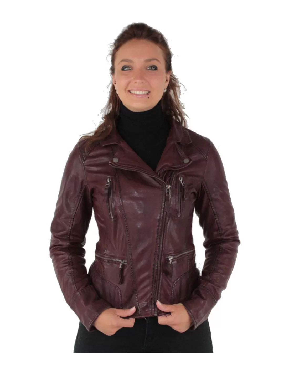 Cheap Blouson Camera en cuir ref_35282 Bordeaux Femme Style Perfecto Femme