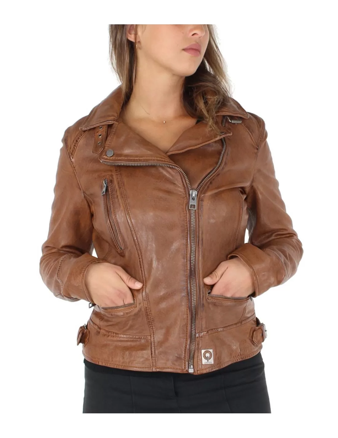 Discount Blouson en cuir ref 39659 Tan Femme Style Perfecto Femme