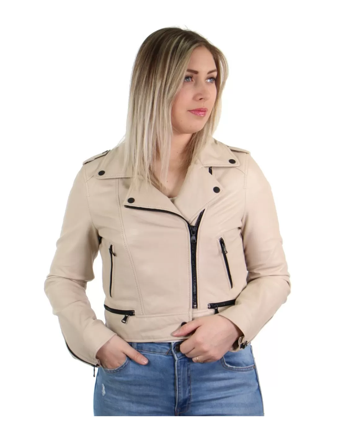 Shop Blouson Yoko en cuir ref_40521 Ivoire Femme Style Perfecto Femme