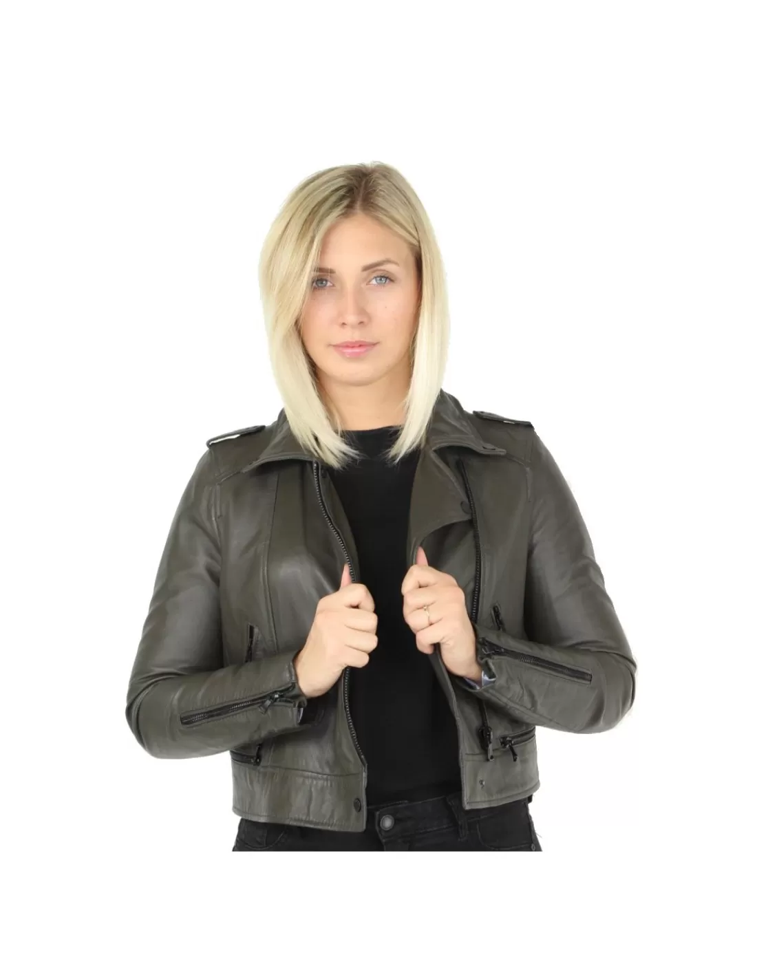 Best Blouson Yoko en cuir ref_42666 Kaki Femme Style Perfecto Femme