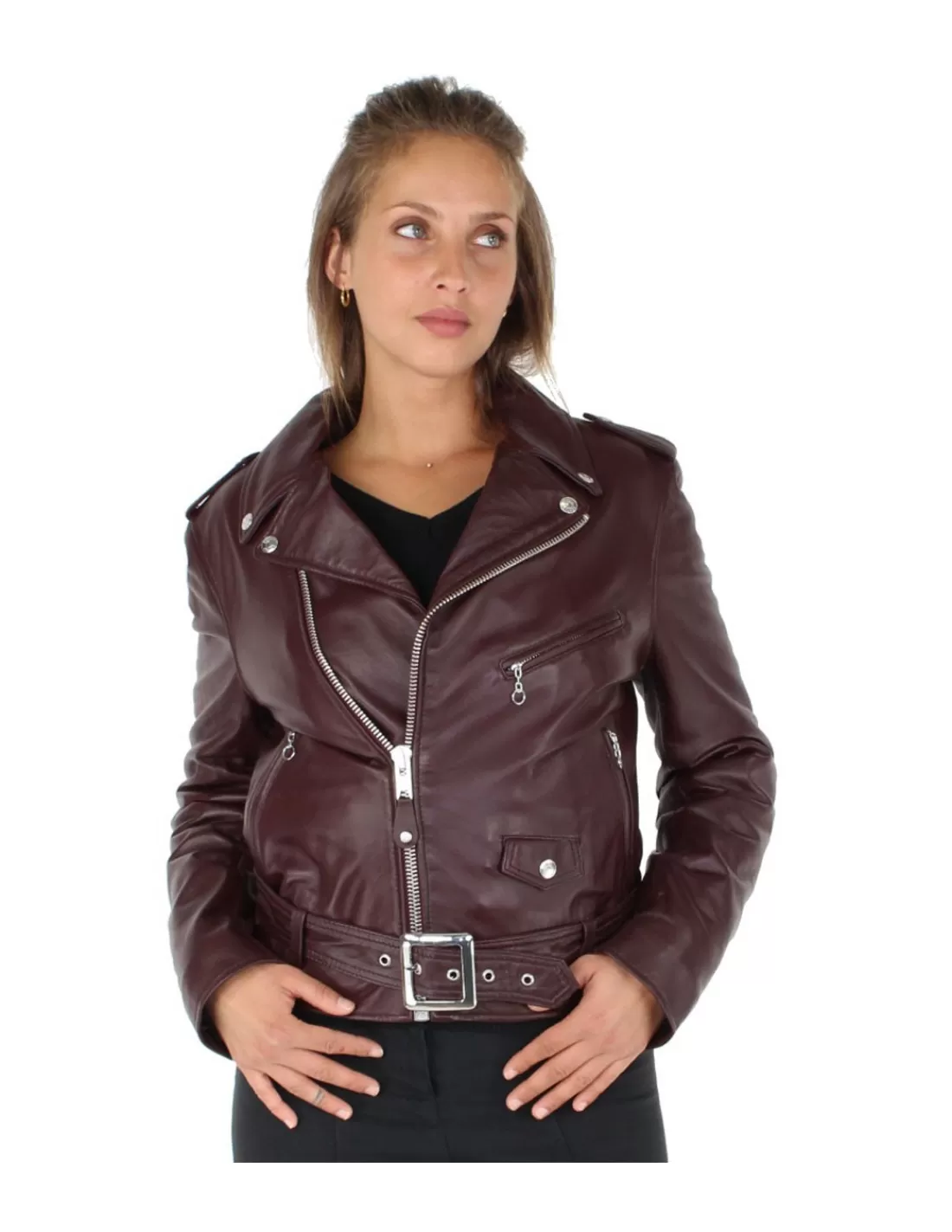 Best Blouson perfecto en cuir agneau ref_31135 Plum Femme Style Perfecto Femme