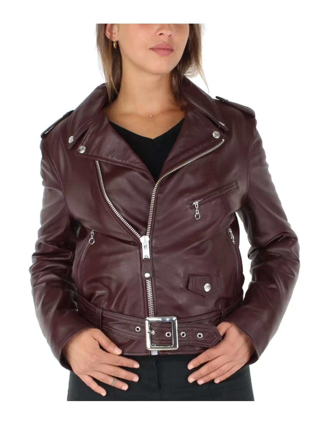 Best Blouson perfecto en cuir agneau ref_31135 Plum Femme Style Perfecto Femme