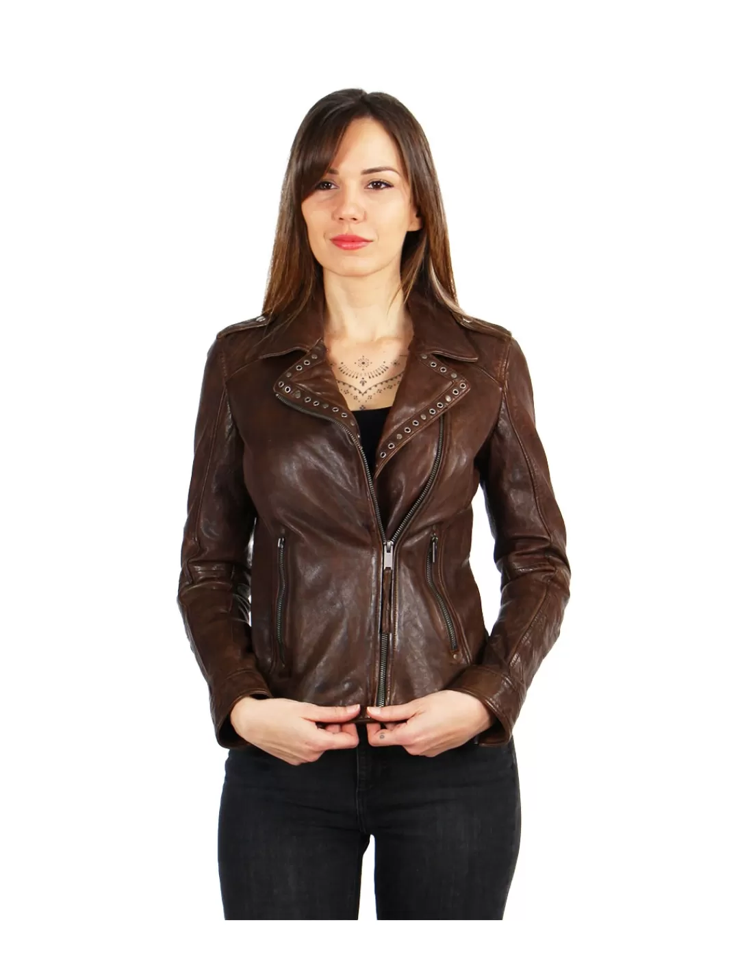 Flash Sale Blouson Rose Garden en cuir ref 47826 Cognac Femme Style Perfecto Femme