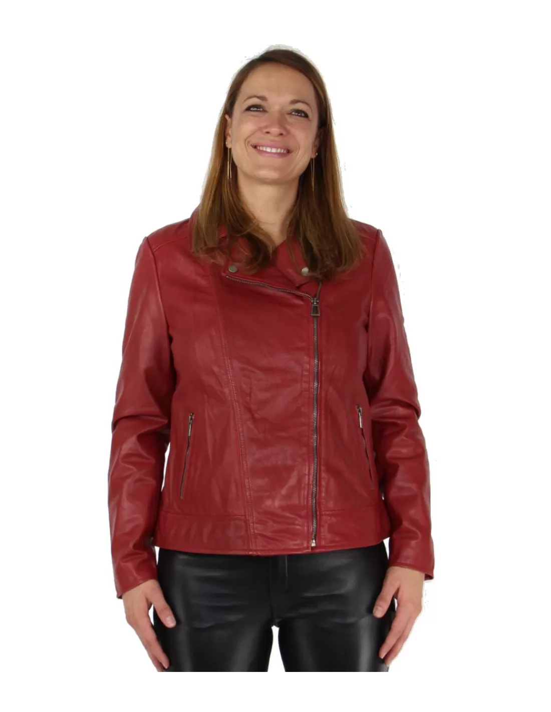 Outlet Blouson Rose Garden en cuir ref_47721 Rouge Femme Style Perfecto Femme