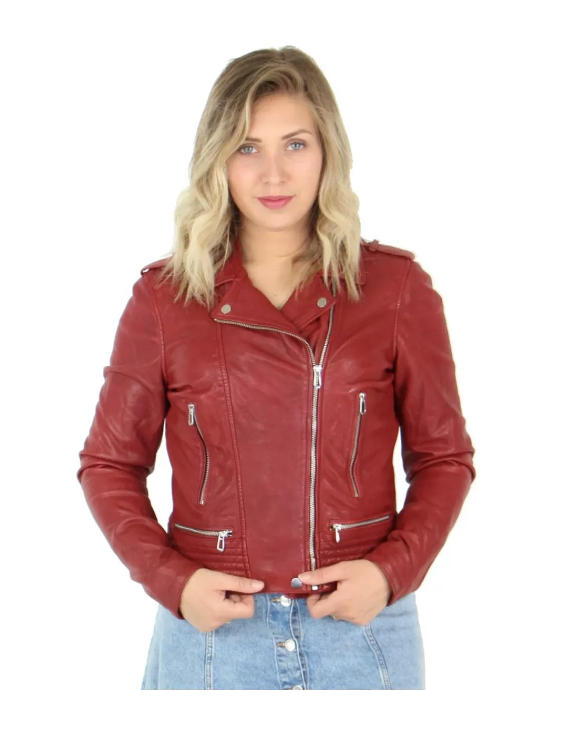 Flash Sale Blouson Rose Garden en cuir ref_48603 Rouge Femme Style Perfecto Femme