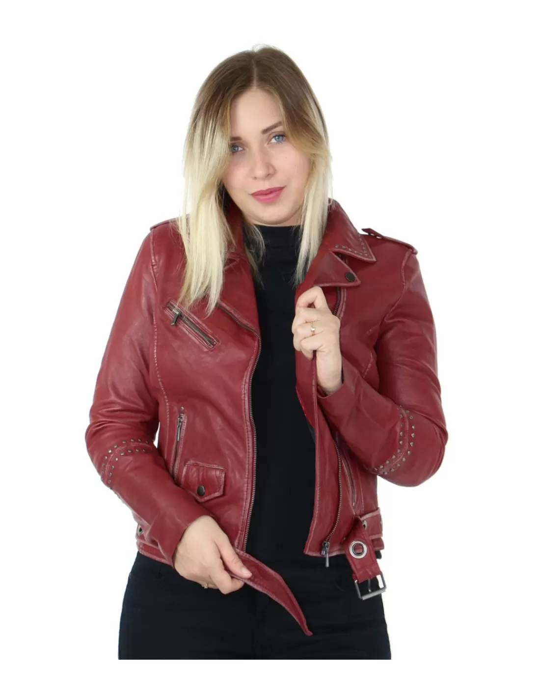 Outlet Blouson Rose Garden en cuir ref_46981 Rouge Femme Style Perfecto Femme