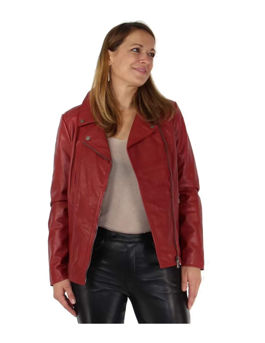 Outlet Blouson Rose Garden en cuir ref_47721 Rouge Femme Style Perfecto Femme