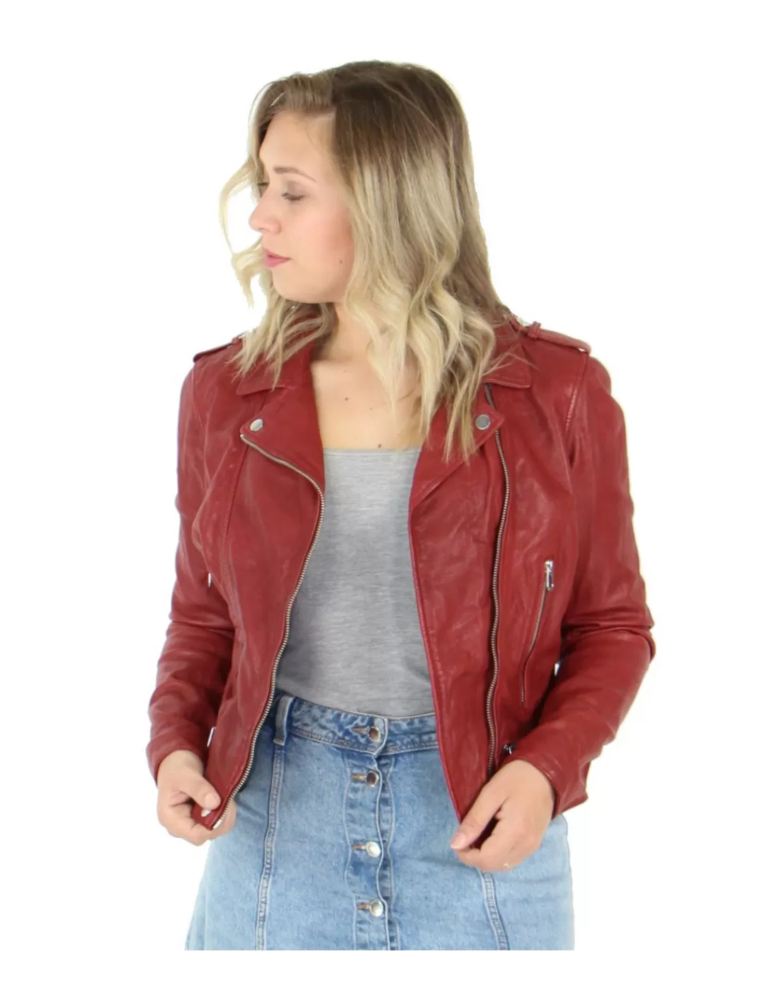 Flash Sale Blouson Rose Garden en cuir ref_48603 Rouge Femme Style Perfecto Femme