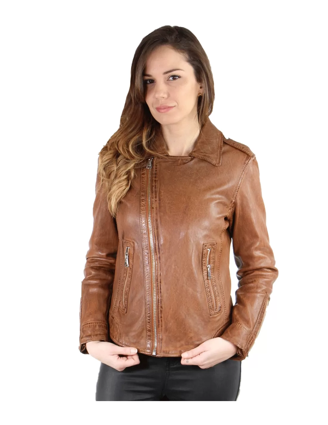 Best Blouson style perfecto Manga ref_50425 Noisette Femme Style Perfecto Femme