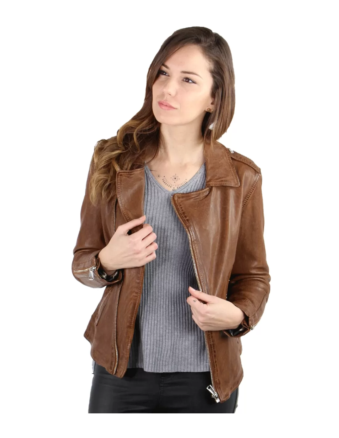 Best Blouson style perfecto Manga ref_50425 Noisette Femme Style Perfecto Femme