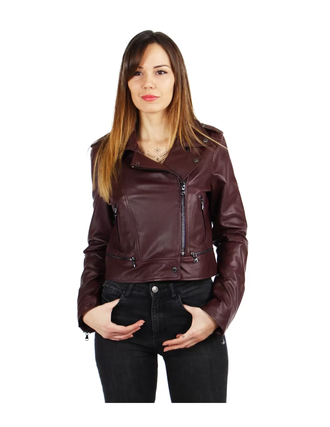 Discount Blouson style perfecto Yoko en cuir ref 40521 Wine Femme Style Perfecto Femme