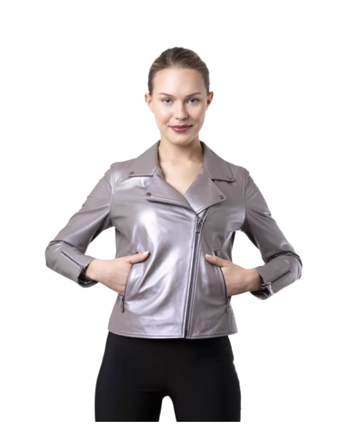 Flash Sale Veste en Cuir Akhésa Ref 54612 Silver Femme Veste - Blazer Cuir Femme